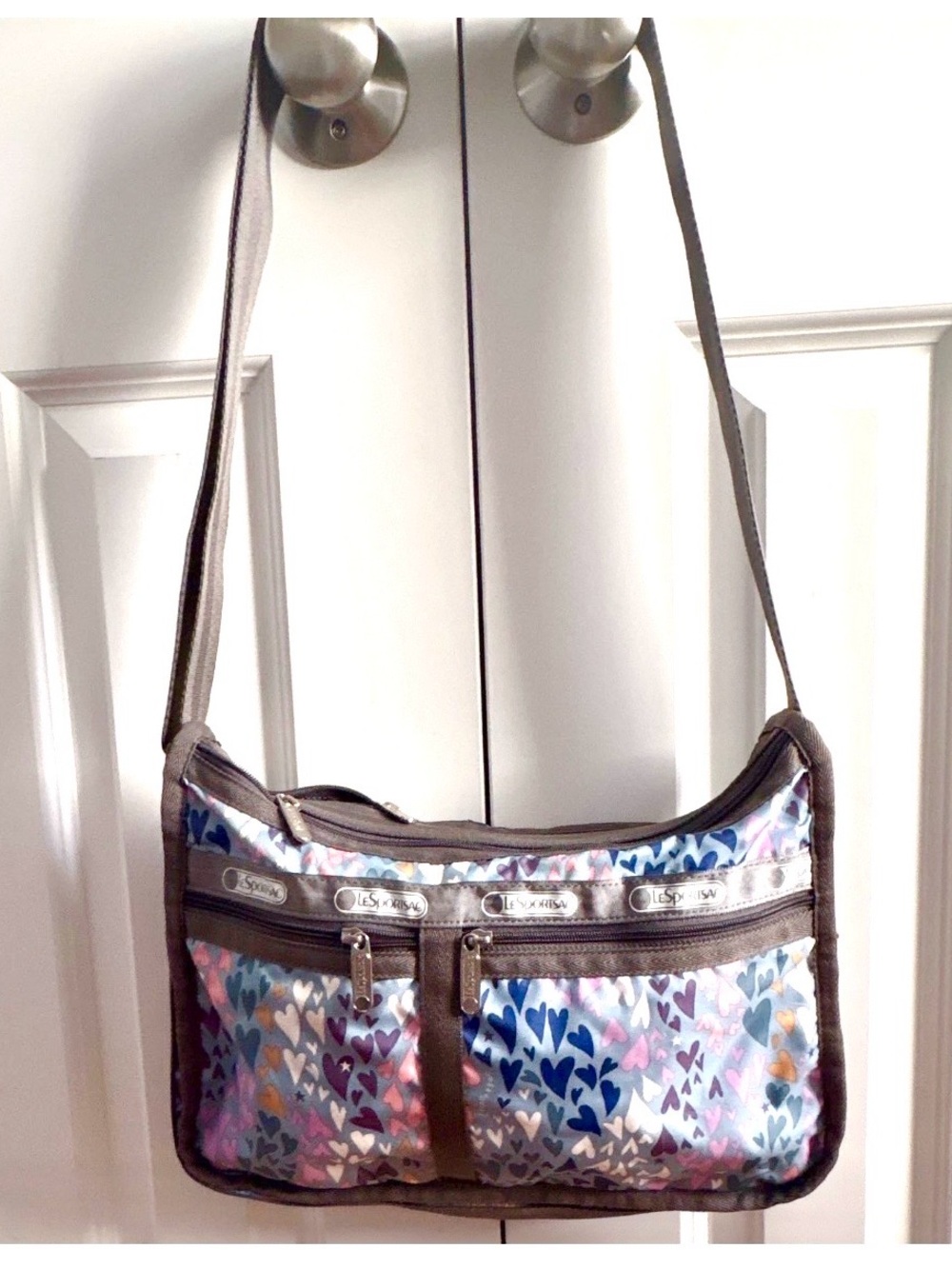 Lesportsac Multicolor Heart-Print Crossbody with Brown Trim